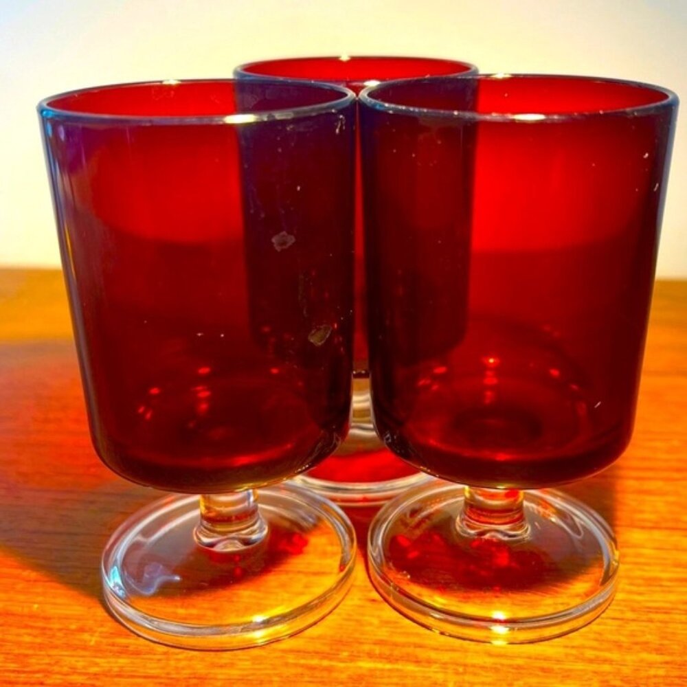 3 Luminarc Verrerie D'Arques Liquor Short Dessert Glasses Ruby Red Excellent